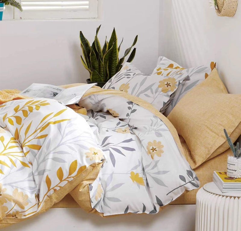 SLEEPBELLA Duvet Cover Queen Size, 600 Thread Count Cotton Grey Branches and Yellow Flower Reversible Comforter Cover(Queen, White Leaf) - Image 2